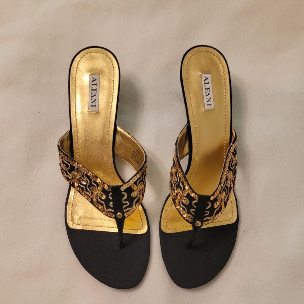 #29 - New in original box, Alfani Odessa black/gold embroidered sandals